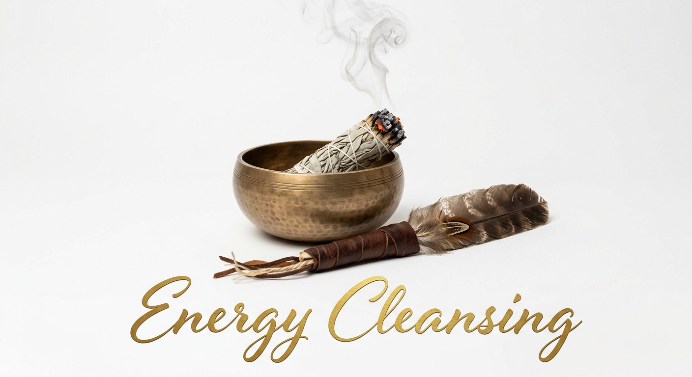 Smoking sage bundle in a brass bowl beside a feather, with gold Energy Cleansing lettering on a white background