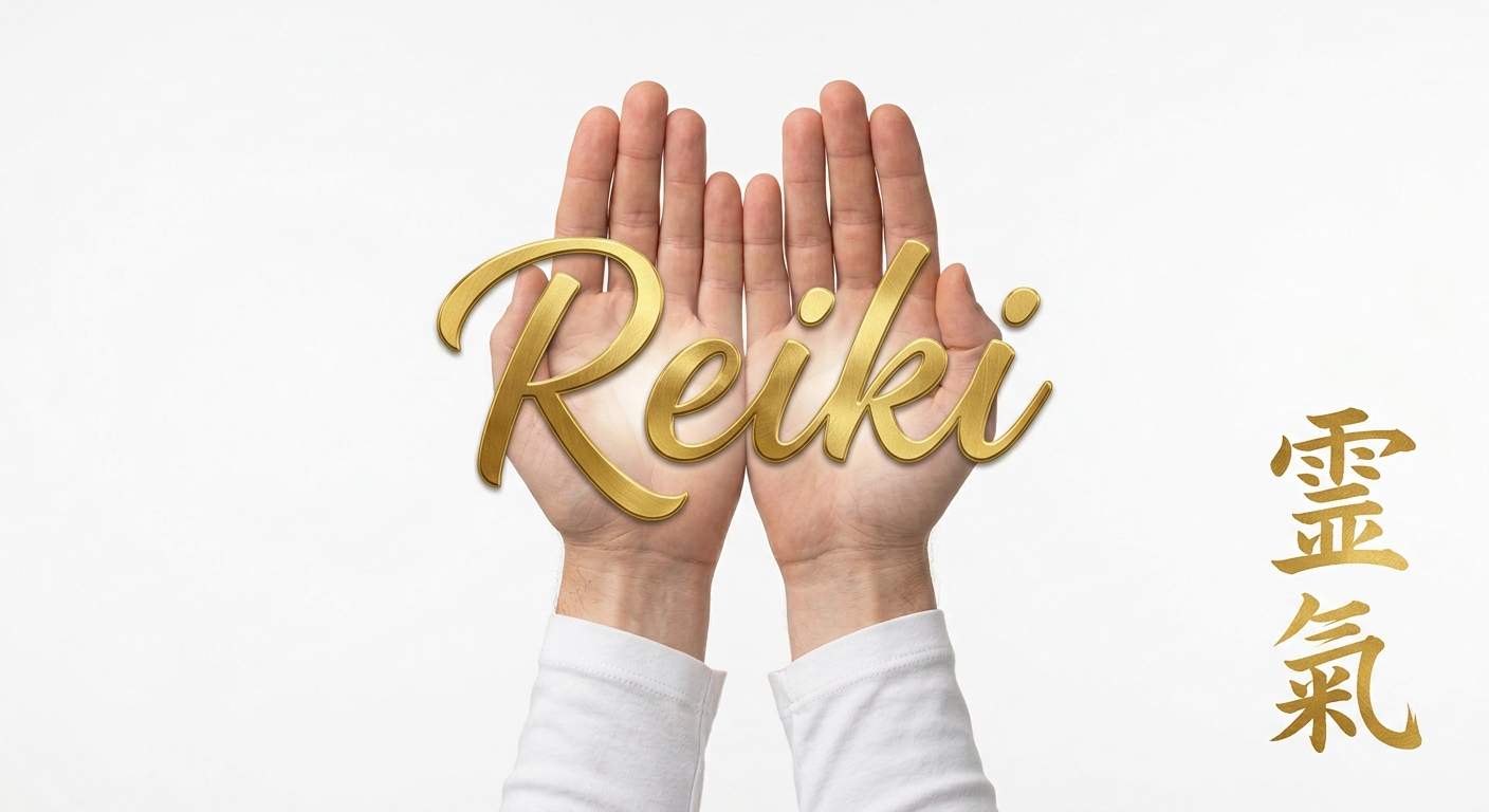 Two open palms with gold Reiki lettering and Japanese characters on a white background