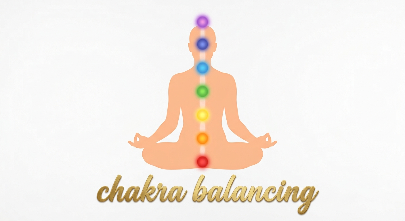 Seated meditation silhouette with seven colored chakra lights and gold chakra balancing lettering on a white background